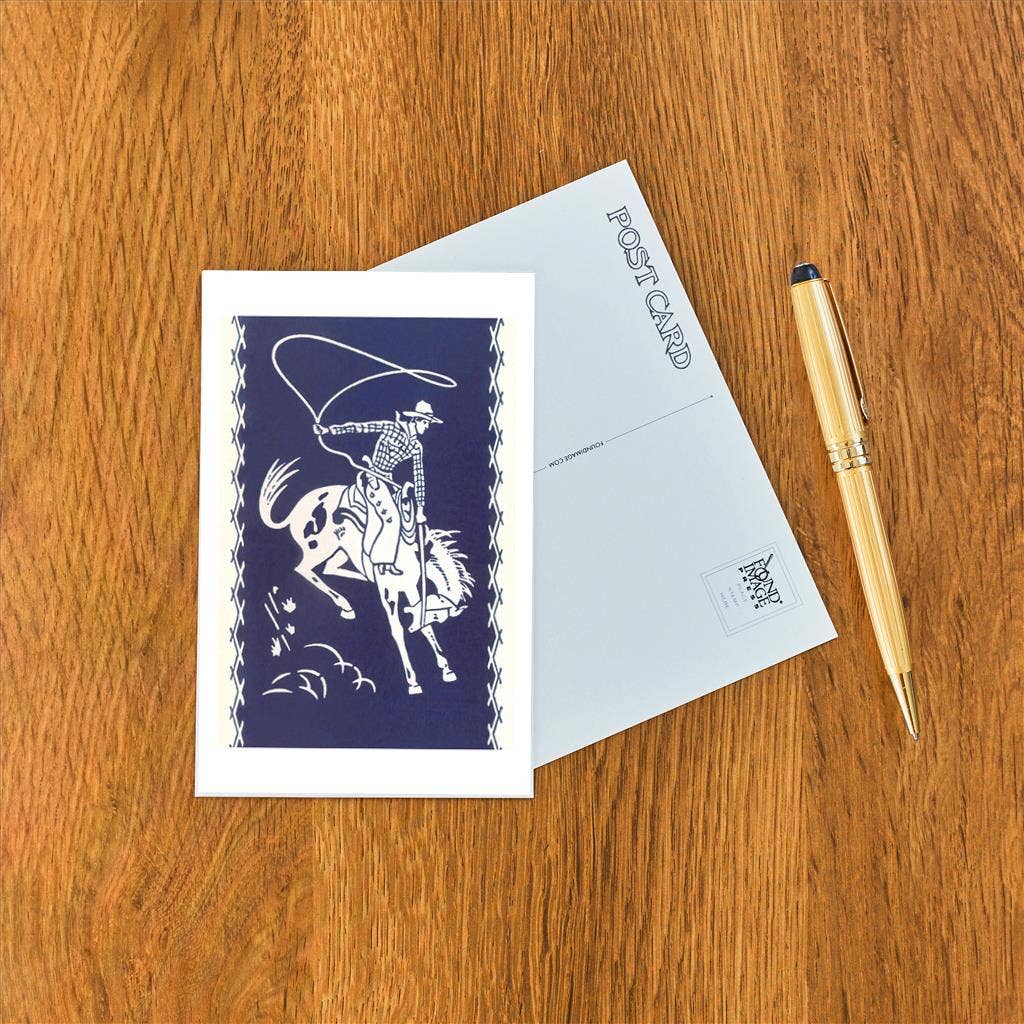 Postcard- Cowboy with Lariat on Bucking Bronco
