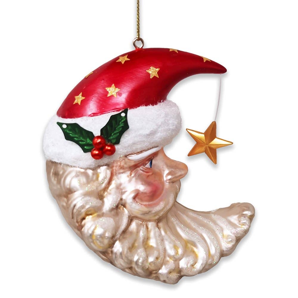 Celestial Crescent Moon Santa Glass Ornament