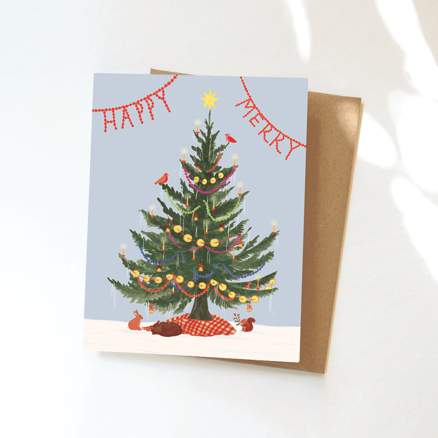 Yule Tree Greeting Card - Woodland Creatures, Festive Tree