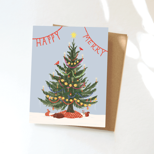 Yule Tree Greeting Card - Woodland Creatures, Festive Tree