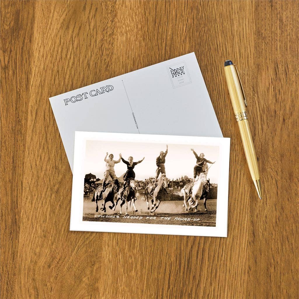 Cowgirls Standing on Horses Postcard