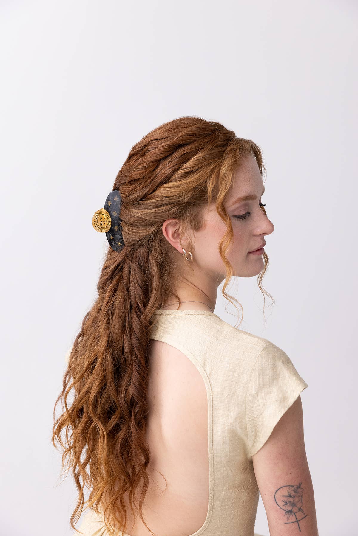 Sun and Stars Astrology Hair Claw in Gold and Black Acetate