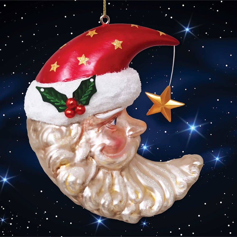 Celestial Crescent Moon Santa Glass Ornament
