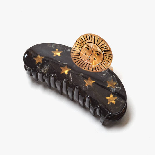 Sun and Stars Astrology Hair Claw in Gold and Black Acetate