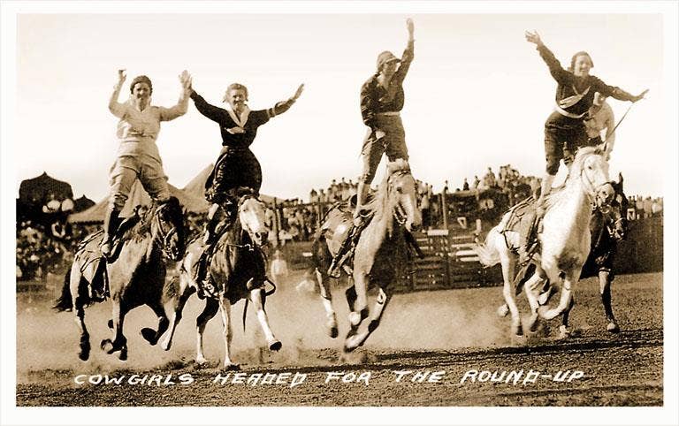 Cowgirls Standing on Horses Postcard