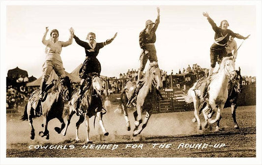 Cowgirls Standing on Horses Postcard