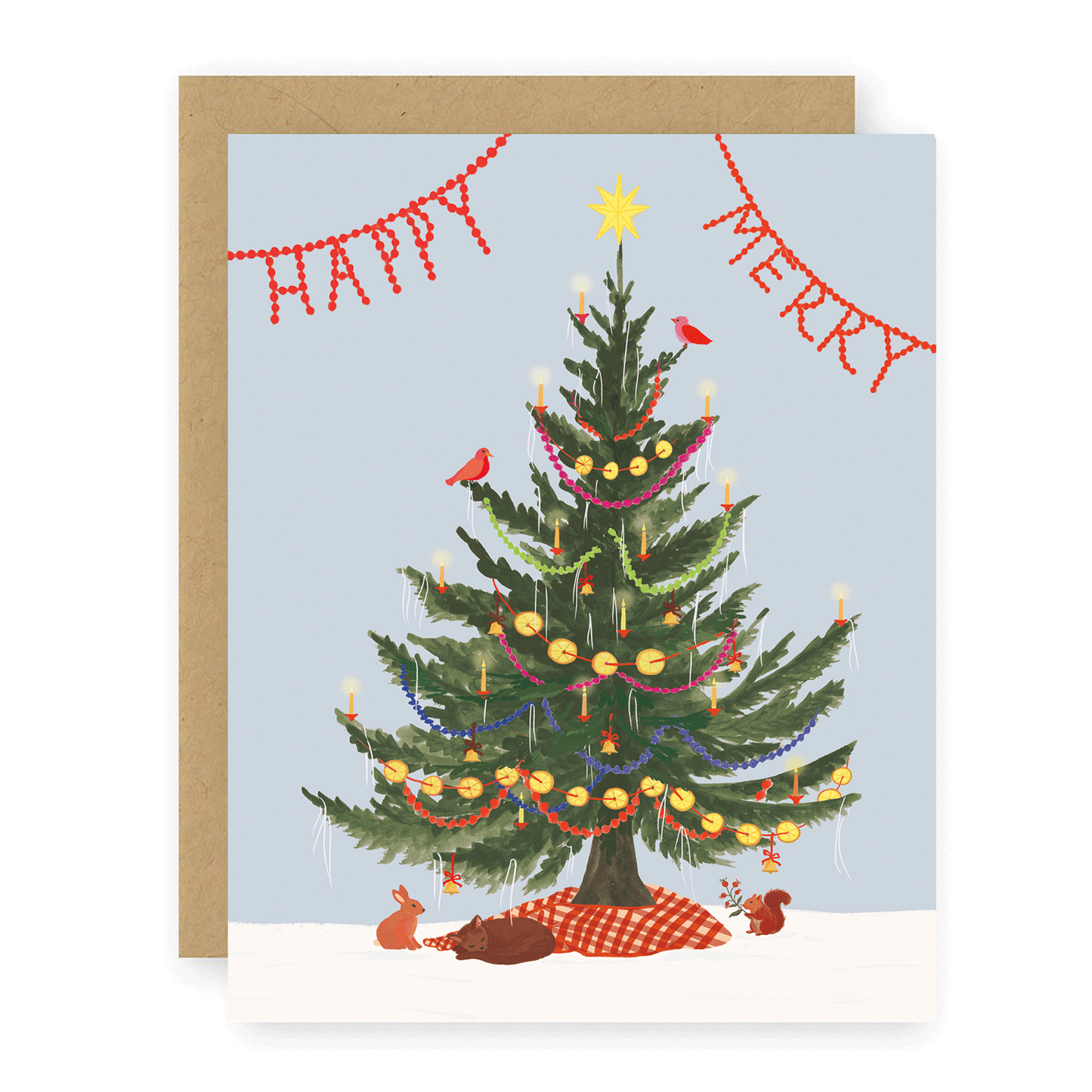 Yule Tree Greeting Card - Woodland Creatures, Festive Tree