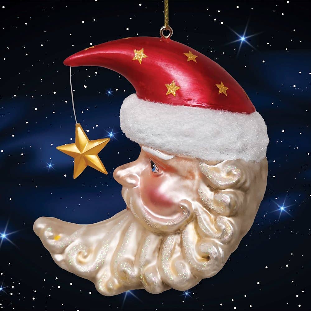 Celestial Crescent Moon Santa Glass Ornament